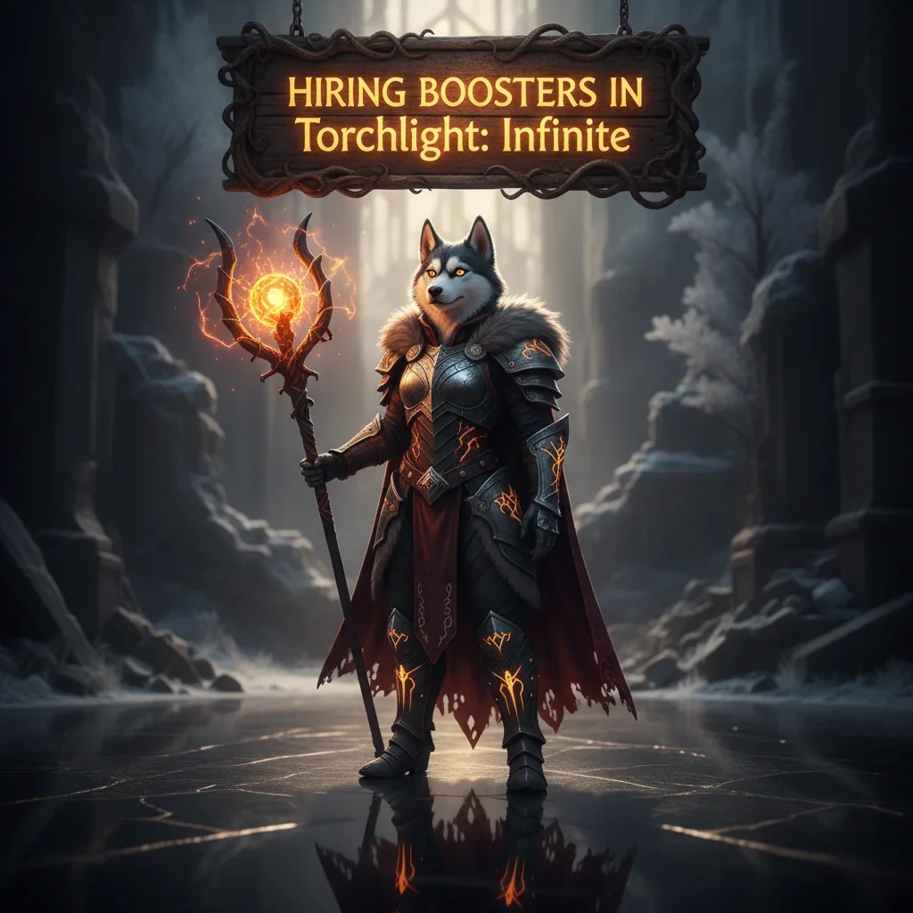 An anthropomorphic Husky character in fantasy attire, inspired by Torchlight: Infinite content.