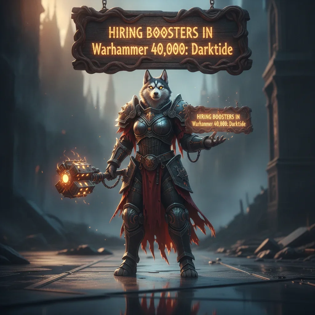 A fantasy game-inspired artwork featuring an anthropomorphic husky character in an armored outfit, related to Warhammer 40,000: Darktide content.