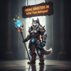 A regal husky character stands in a fantasy game-inspired environment, representing the theme of hiring boosters in WoW Titan Reforged content.