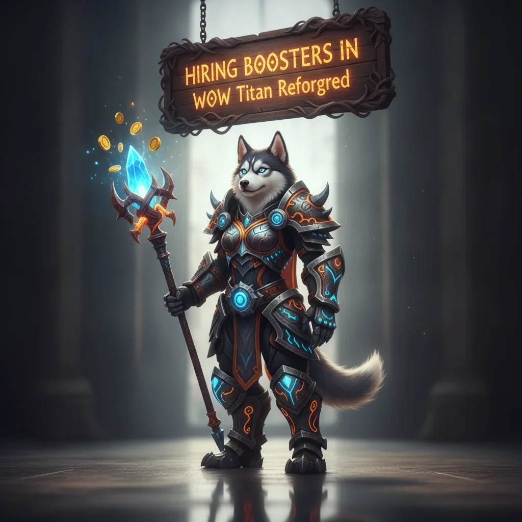A regal husky character stands in a fantasy game-inspired environment, representing the theme of hiring boosters in WoW Titan Reforged content.