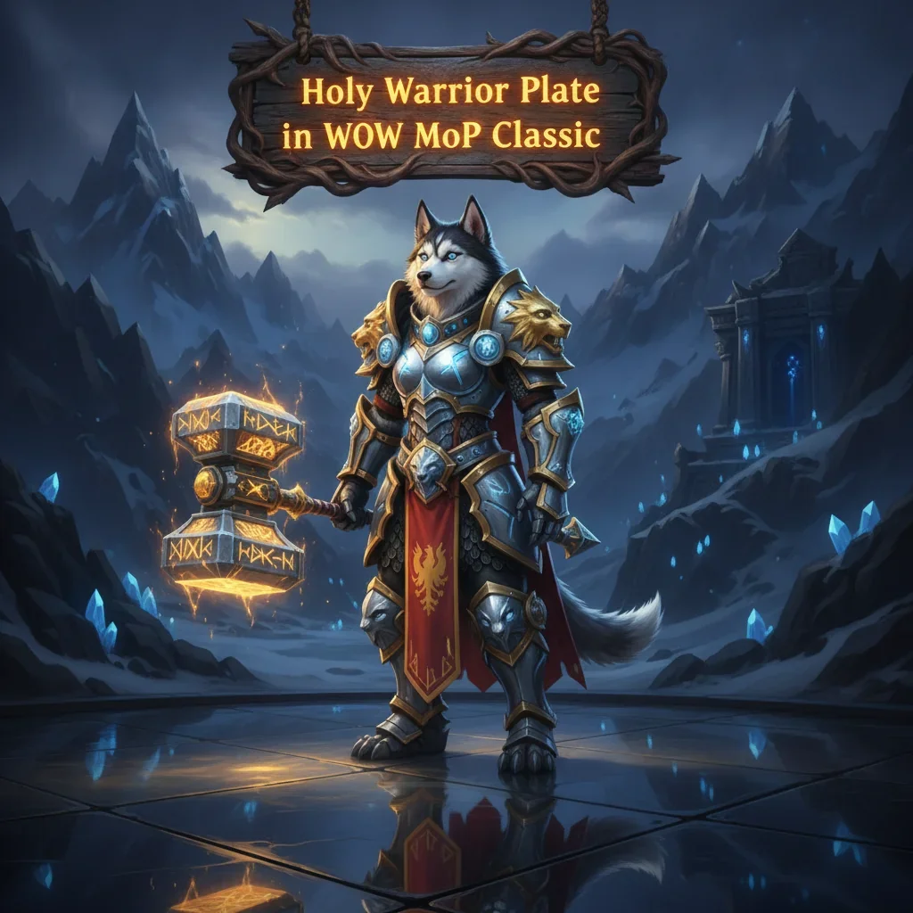 Fantasy game-inspired artwork featuring an anthropomorphic husky character in plate armor, themed around a 'Holy Warrior Plate Boost' in Mists of Pandaria.