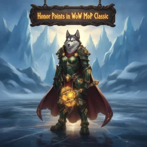 Fantasy game artwork featuring an anthropomorphic husky in themed armor, representing Honor Points content and PvP objectives in WoW Mists of Pandaria Classic.