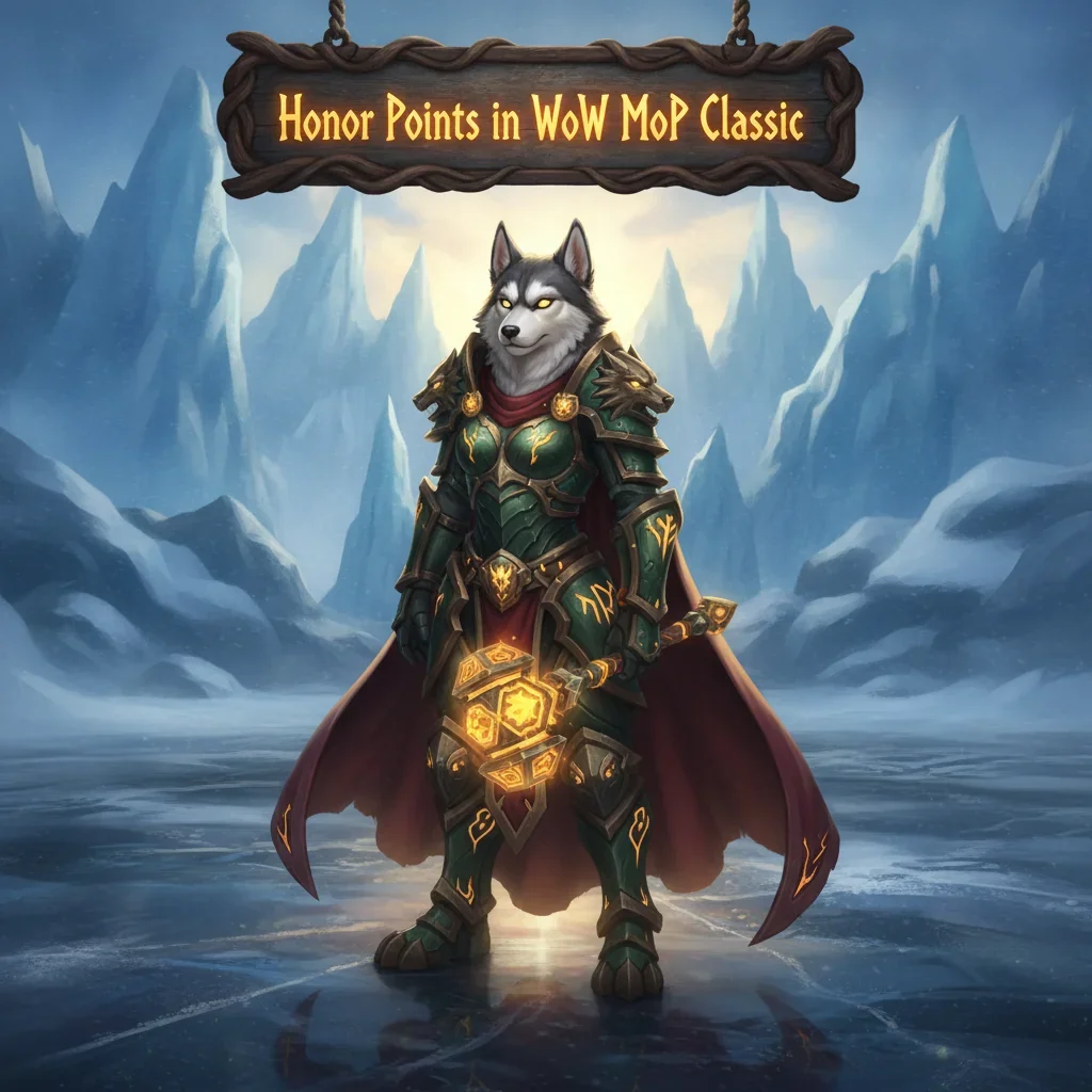 Fantasy game artwork featuring an anthropomorphic husky in themed armor, representing Honor Points content and PvP objectives in WoW Mists of Pandaria Classic.