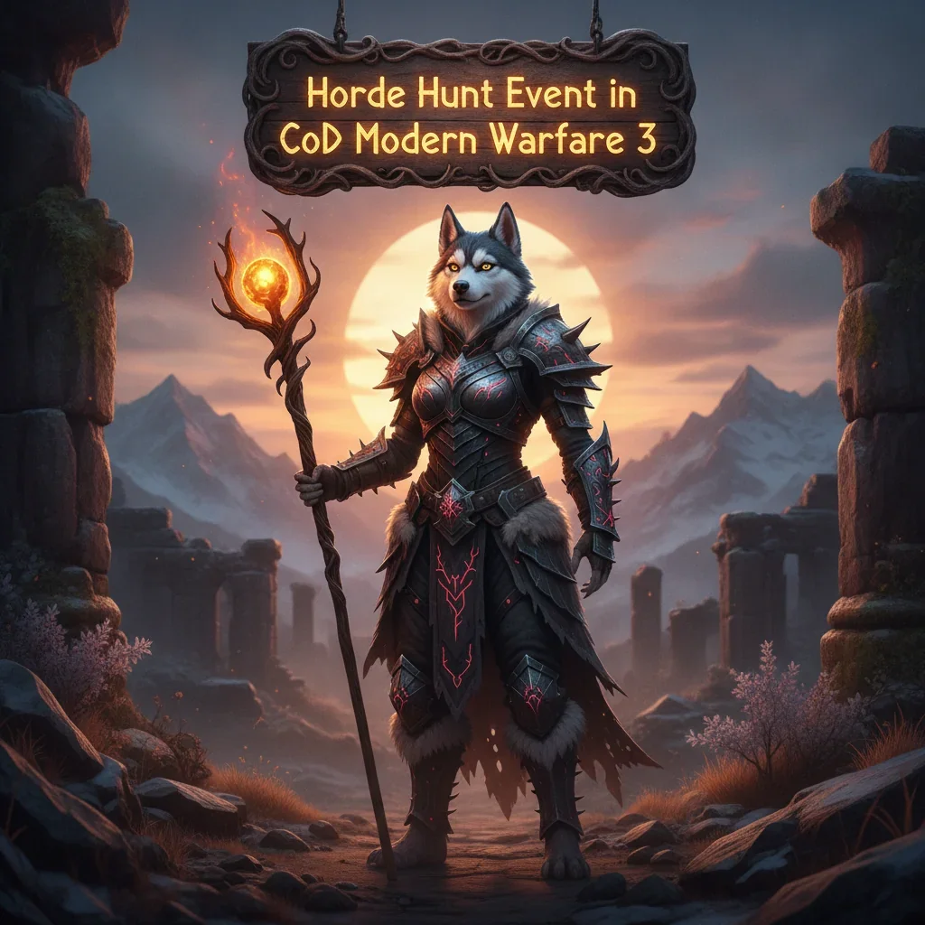 An anthropomorphic husky character depicted in fantasy game-inspired armor, within artwork themed around the CoD Modern Warfare 3 Horde Hunt event and its seasonal objectives.