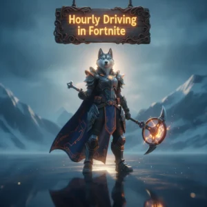 Fantasy artwork featuring an anthropomorphic Husky character, themed around a Fortnite hourly driving boost.
