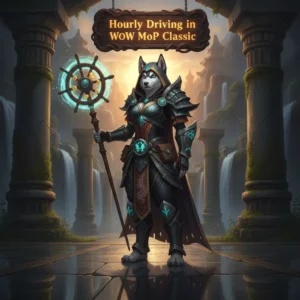 Fantasy game-inspired artwork featuring an anthropomorphic husky character, themed around progression in World of Warcraft Mists of Pandaria Classic.
