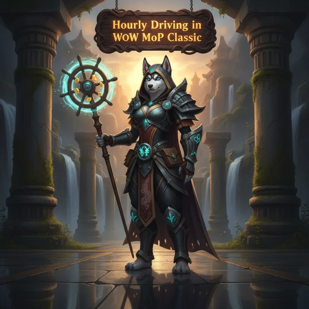 Fantasy game-inspired artwork featuring an anthropomorphic husky character, themed around progression in World of Warcraft Mists of Pandaria Classic.