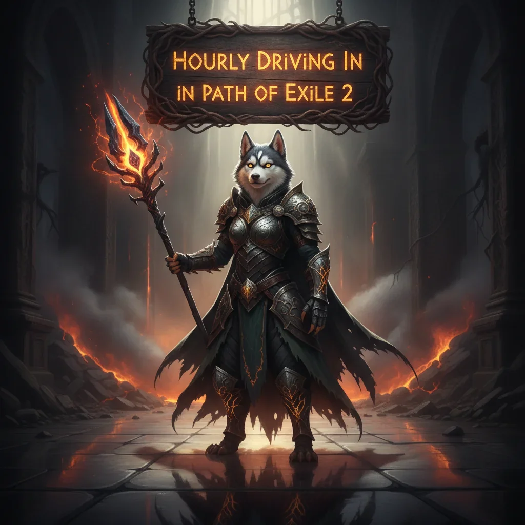 Fantasy artwork of an anthropomorphic husky character in a driver's seat, themed around Path of Exile 2 content and objectives.
