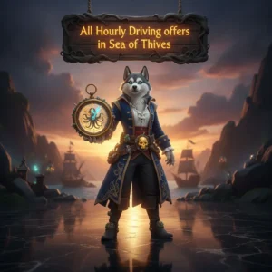 An anthropomorphic Husky character in a pirate-themed outfit, standing on a ship's deck, with a vibrant ocean and distant islands.
