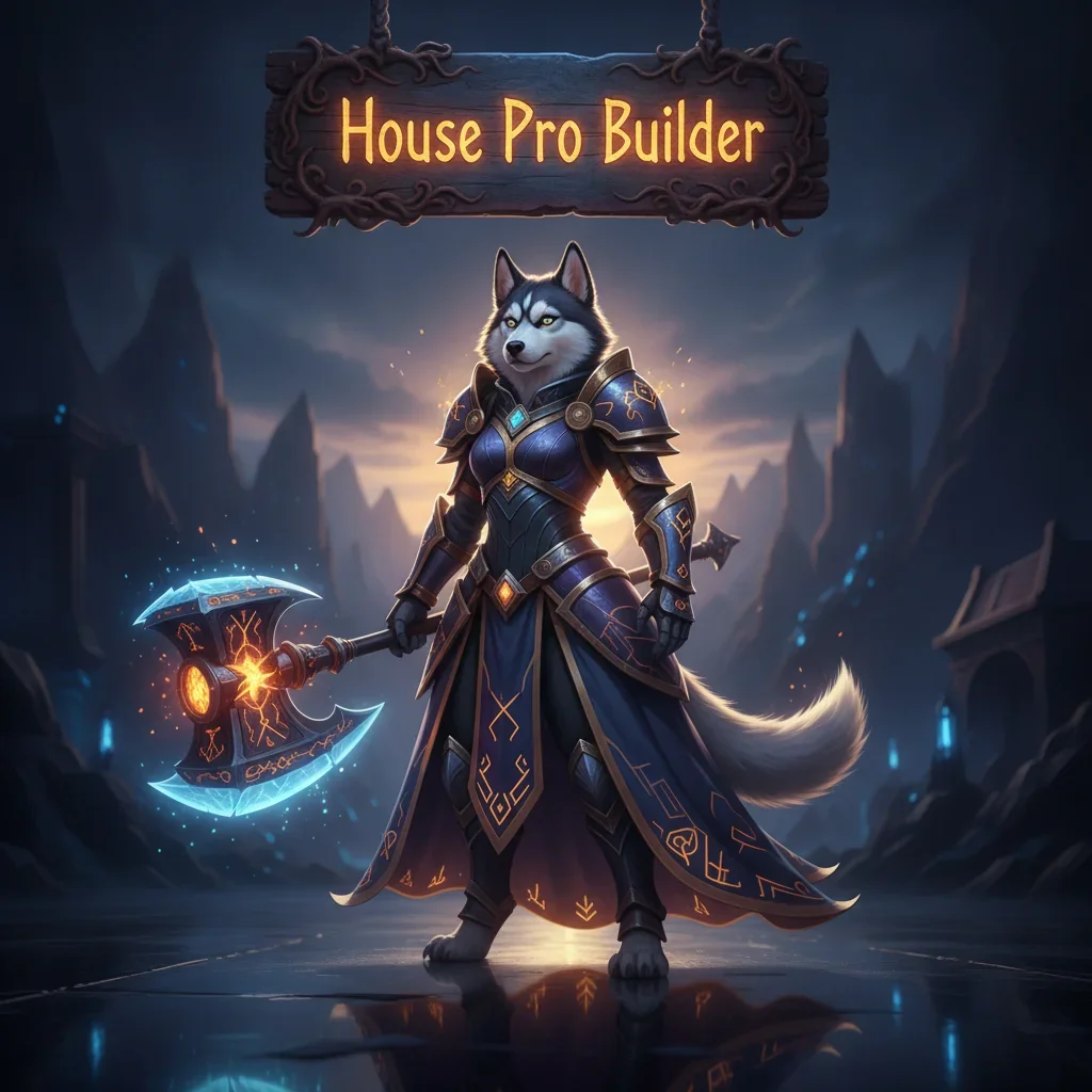 An anthropomorphic Husky character in fantasy armor stands in a dark, game-inspired environment, representing professional building content for a WoW Midnight theme.