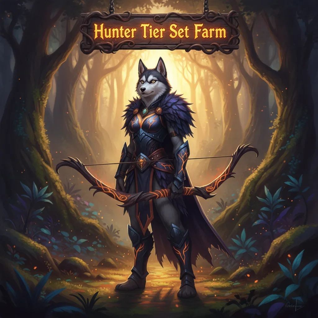 Fantasy artwork featuring an anthropomorphic husky character in hunter-themed armor, inspired by Hunter Tier Set acquisition content in World of Warcraft Midnight.