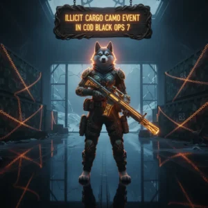 A fantasy artwork featuring an anthropomorphic husky character in a rugged, themed outfit, set in a mysterious, game-inspired environment, representing content for the Illicit Cargo Camo Event.
