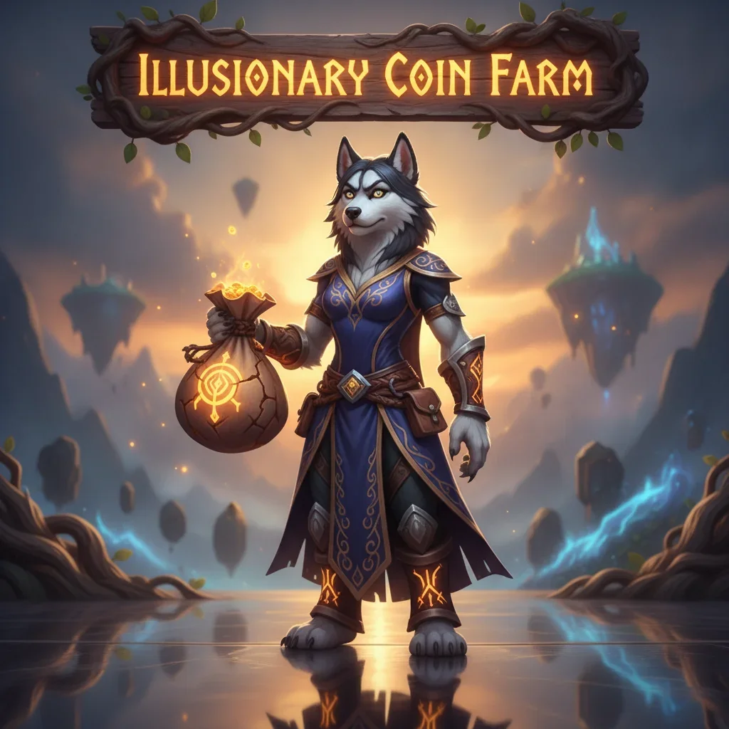 An anthropomorphic Husky character in fantasy attire, set in a mystical landscape, representing Illusionary Coin farm content in the World of Warcraft Midnight setting.