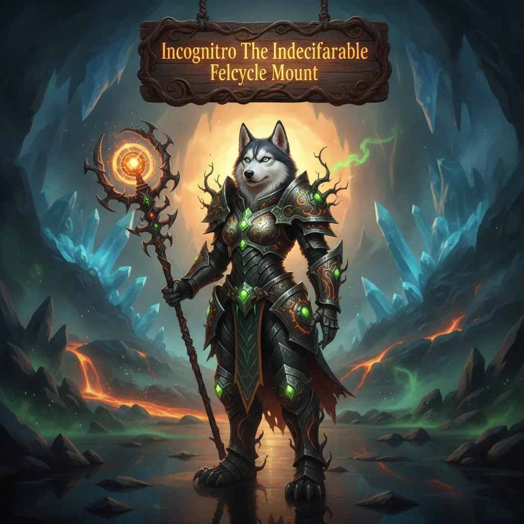 Fantasy artwork featuring an anthropomorphic husky character in arcane armor, associated with a Felcycle mount from WoW Midnight content.