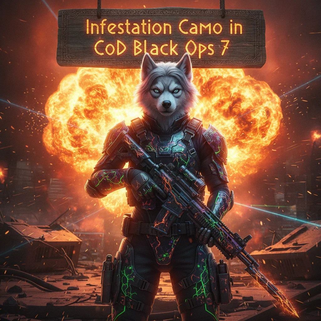 Fantasy artwork featuring an anthropomorphic husky character in a dark, themed outfit, representing Infestation Camo unlock content for a game.
