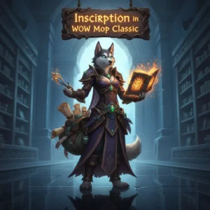 An anthropomorphic Husky character in fantasy robes, surrounded by magical runes and ancient scrolls, representing inscription in WoW Mists of Pandaria Classic.