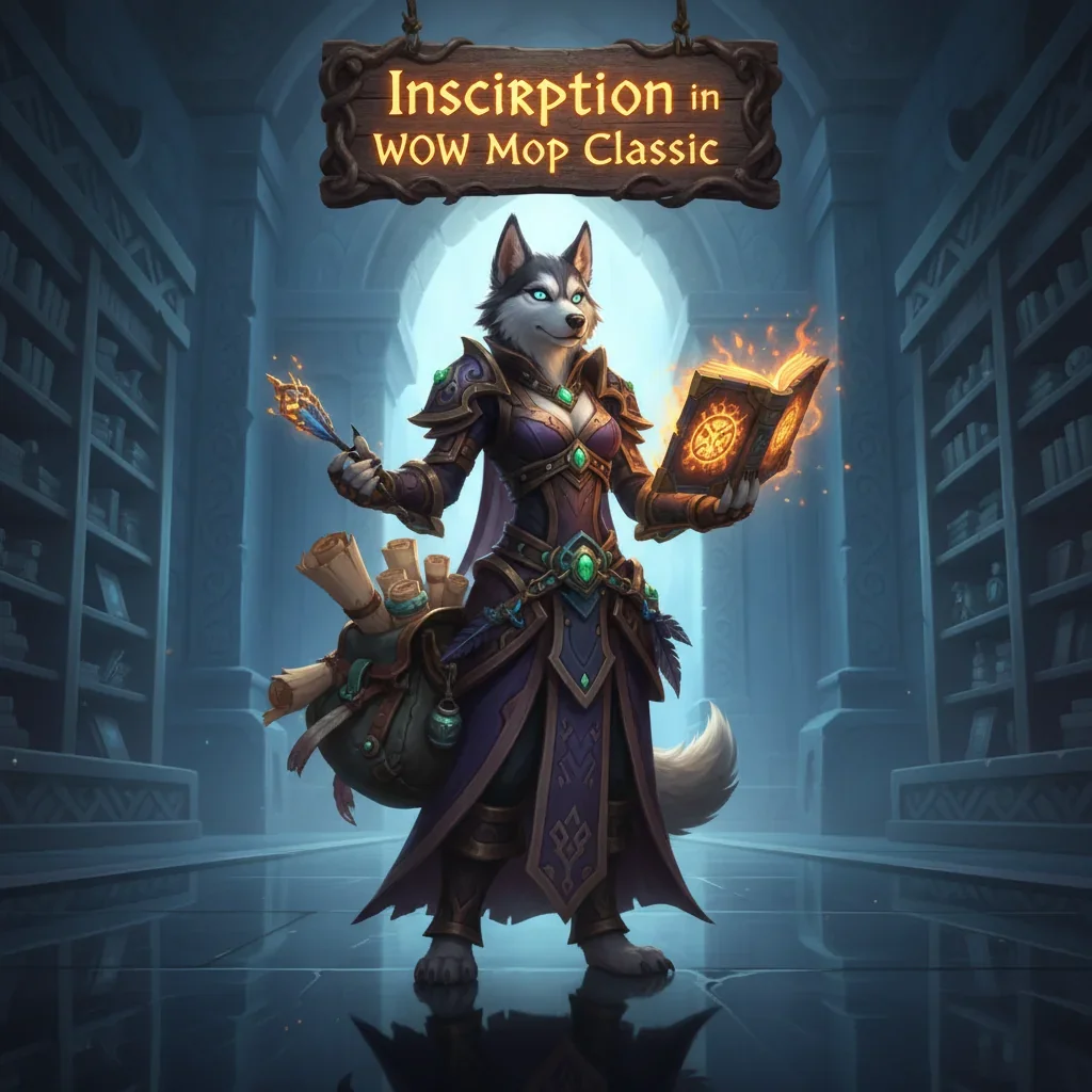 An anthropomorphic Husky character in fantasy robes, surrounded by magical runes and ancient scrolls, representing inscription in WoW Mists of Pandaria Classic.