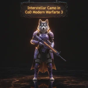 A cosmic-themed anthropomorphic Husky character, clad in futuristic armor, represents the Interstellar Camo unlock challenge in CoD Modern Warfare 3, amidst a vibrant, starlit fantasy environment.