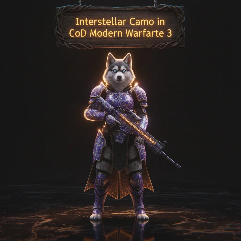 A cosmic-themed anthropomorphic Husky character, clad in futuristic armor, represents the Interstellar Camo unlock challenge in CoD Modern Warfare 3, amidst a vibrant, starlit fantasy environment.
