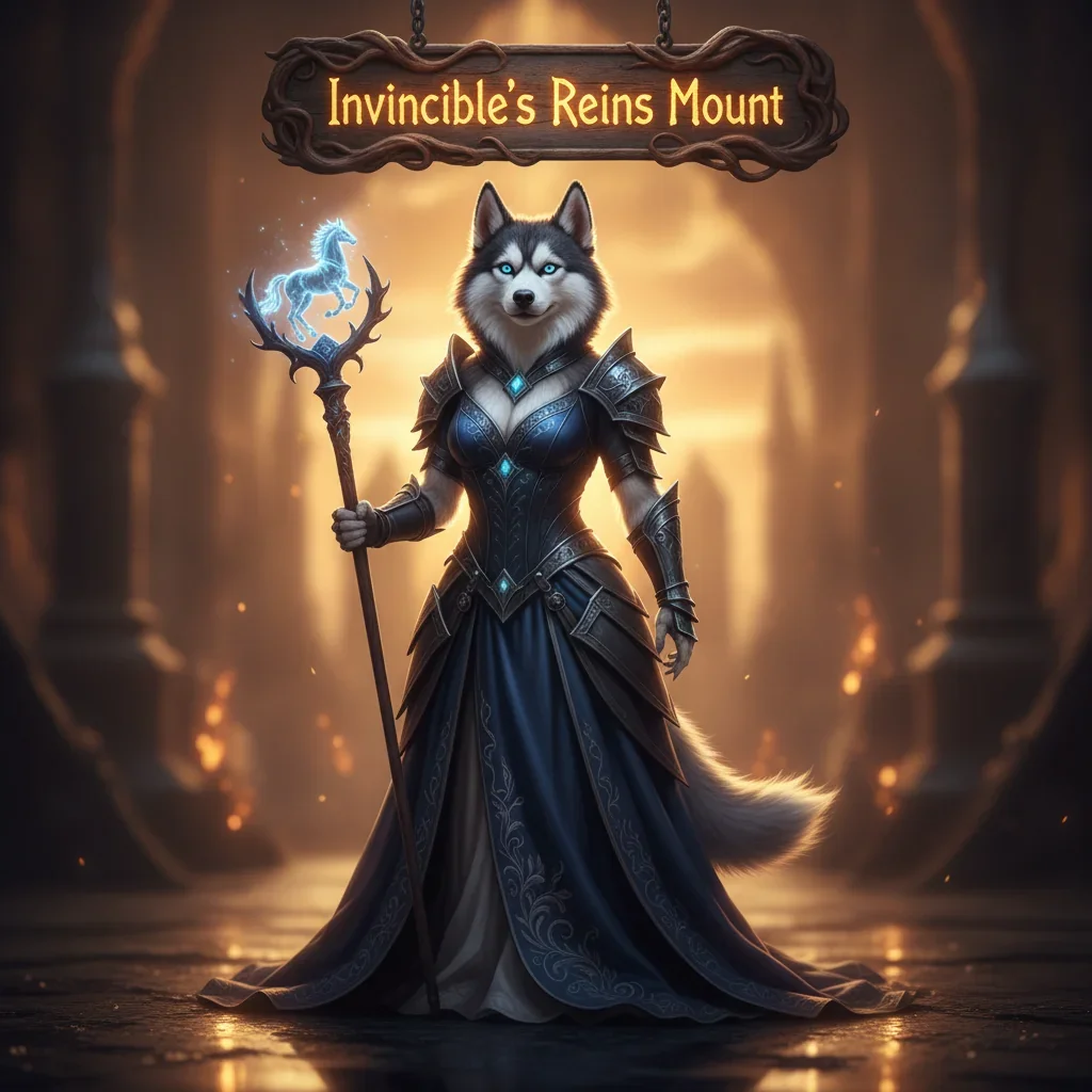 An anthropomorphic Husky character in fantasy armor stands in a mystical environment, representing the Invincible's Reins mount content for WoW Midnight.