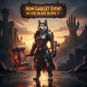 Anthropomorphic Husky in fantasy armor, representing the Iron Gauntlet Event. Artwork themed around challenging event content and objectives.
