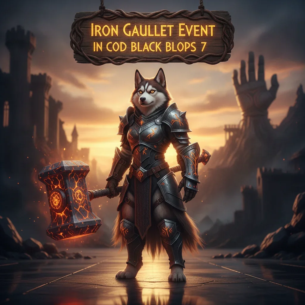 Anthropomorphic Husky in fantasy armor, representing the Iron Gauntlet Event. Artwork themed around challenging event content and objectives.