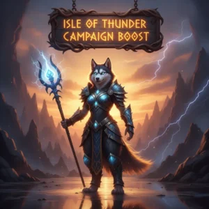 Anthropomorphic husky character in fantasy armor, against a backdrop evoking the Isle of Thunder, representing campaign objectives and content in WoW MoP Classic.