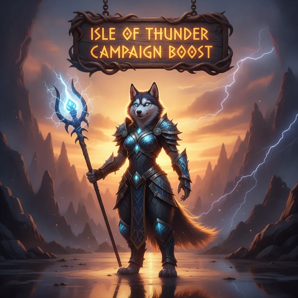 Anthropomorphic husky character in fantasy armor, against a backdrop evoking the Isle of Thunder, representing campaign objectives and content in WoW MoP Classic.