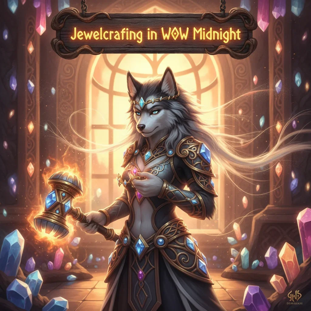 A vibrant fantasy artwork shows an anthropomorphic husky character in an enchanted setting, representing jewelcrafting profession development and gem crafting objectives for a game.