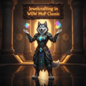 Fantasy game-inspired artwork featuring an anthropomorphic husky character in a themed environment, related to Jewelcrafting in World of Warcraft Mists of Pandaria Classic.