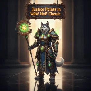 Fantasy artwork featuring an anthropomorphic Husky character, inspired by Justice Points rewards and progression systems in WoW Mists of Pandaria Classic.