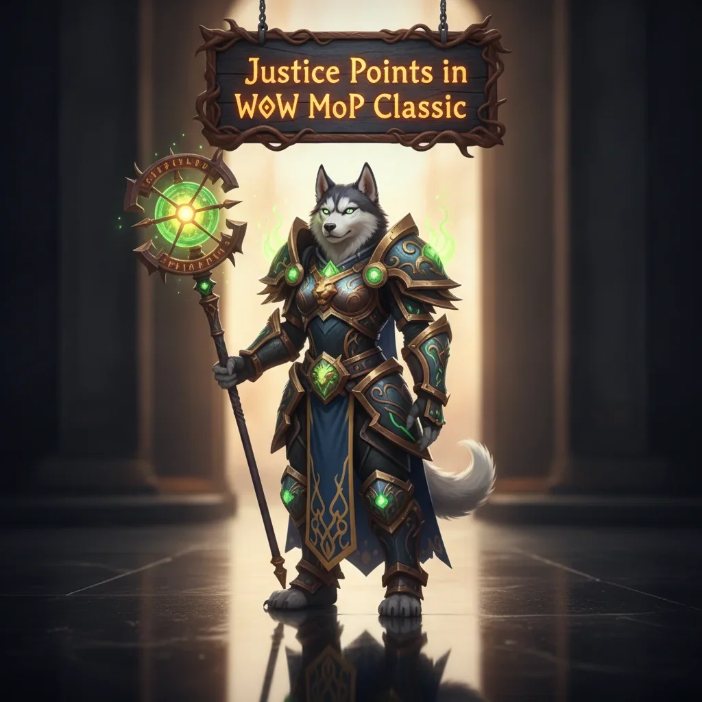 Fantasy artwork featuring an anthropomorphic Husky character, inspired by Justice Points rewards and progression systems in WoW Mists of Pandaria Classic.