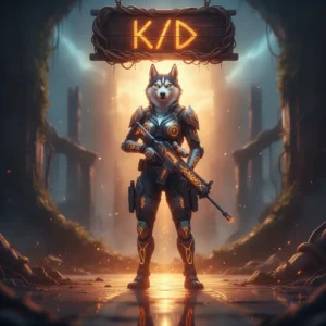 Anthropomorphic husky character in fantasy armor, standing heroically in a game-inspired environment, representing K/D ratio improvement and combat mastery objectives.