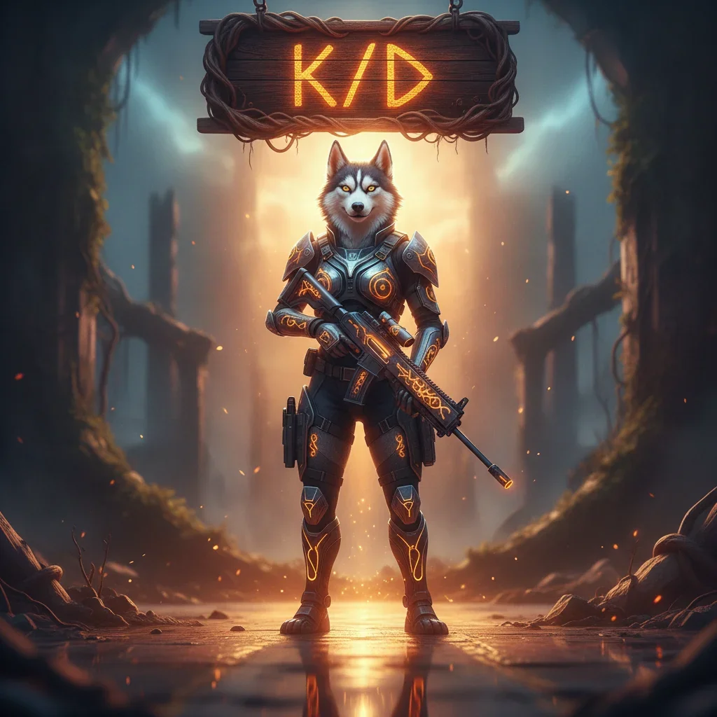 Anthropomorphic husky character in fantasy armor, standing heroically in a game-inspired environment, representing K/D ratio improvement and combat mastery objectives.