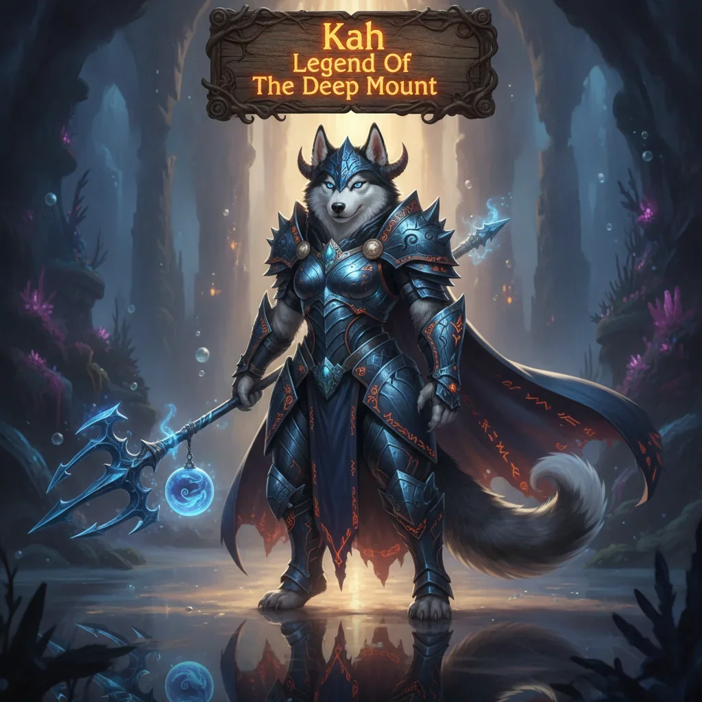 An anthropomorphic husky character in fantasy armor stands in a mystical, deep-themed environment, representing legendary mount acquisition in a game.