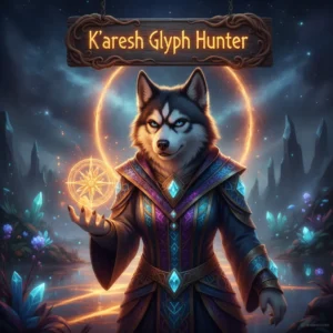 Fantasy artwork featuring an armored anthropomorphic husky, surrounded by glowing K’aresh glyphs in a mysterious ancient environment, themed around WoW Midnight.