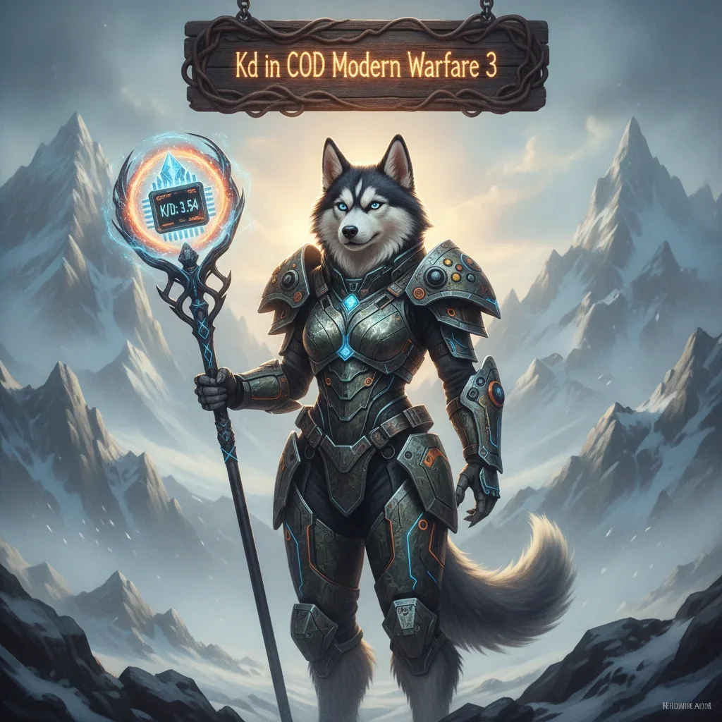 Fantasy artwork featuring an anthropomorphic husky in warrior attire, set in an epic, magical landscape, inspired by enhancing combat performance and player stats.