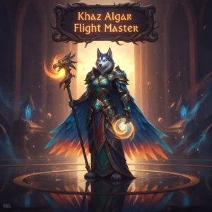 Anthropomorphic Husky character in fantasy attire, against a backdrop inspired by Khaz Algar in WoW Midnight, representing Flight Master content and zone exploration.
