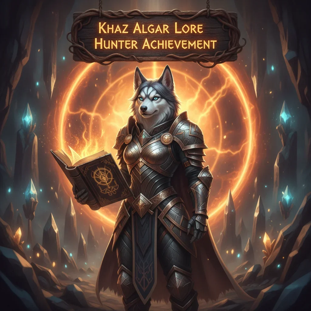 Fantasy artwork featuring an anthropomorphic husky character in explorer attire, themed around Khaz Algar lore hunter achievements and exploration content in WoW Midnight.