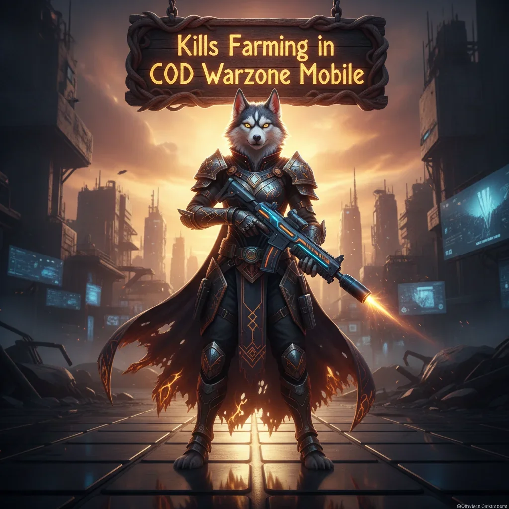 An anthropomorphic Husky in ornate fantasy armor, set in an mystical realm, representing game objectives focused on kills farming.