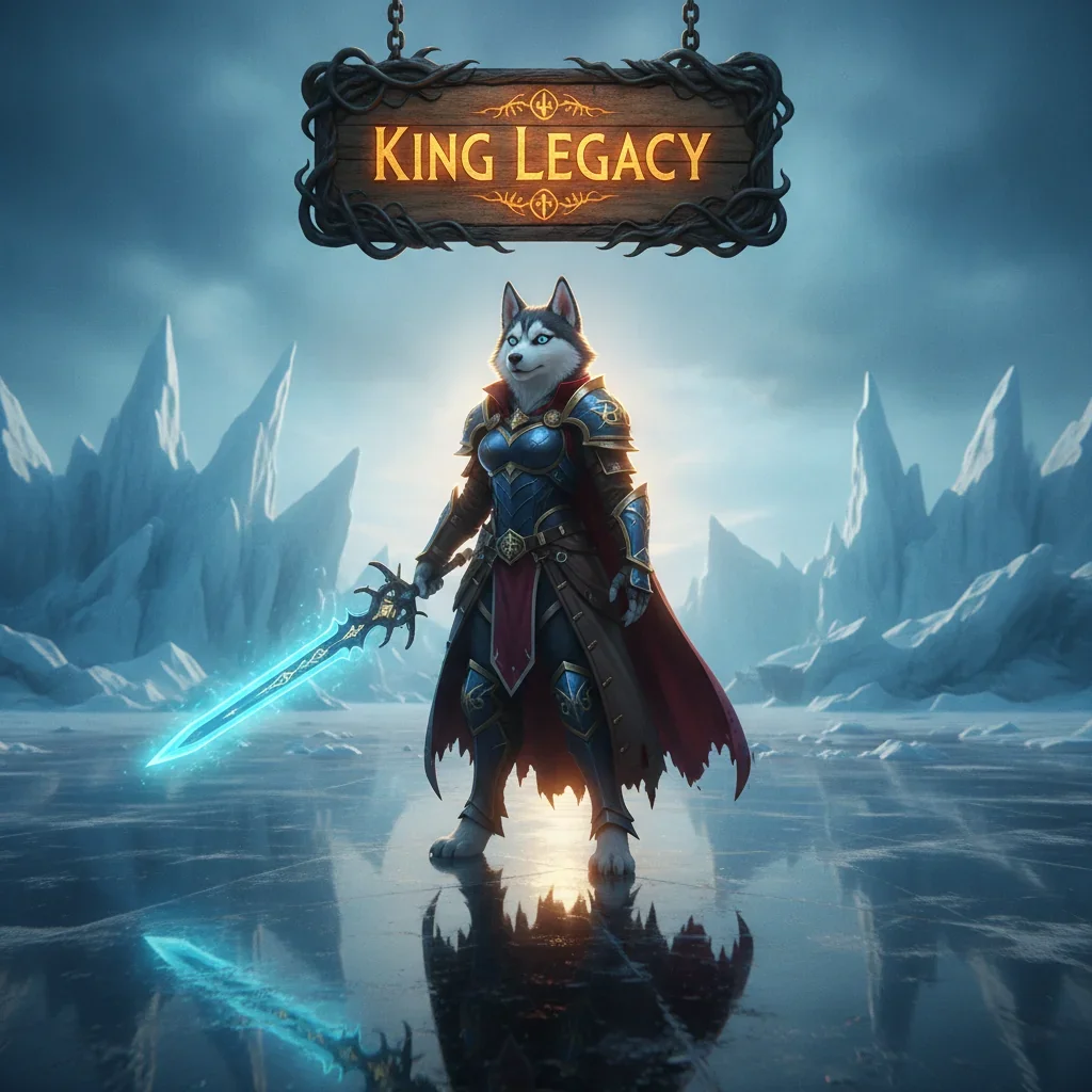 Fantasy artwork featuring an anthropomorphic Husky character, themed around King Legacy game content and objectives.