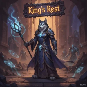 Fantasy artwork featuring an anthropomorphic husky character in fantasy attire, inspired by World of Warcraft's King's Rest dungeon content and objectives.