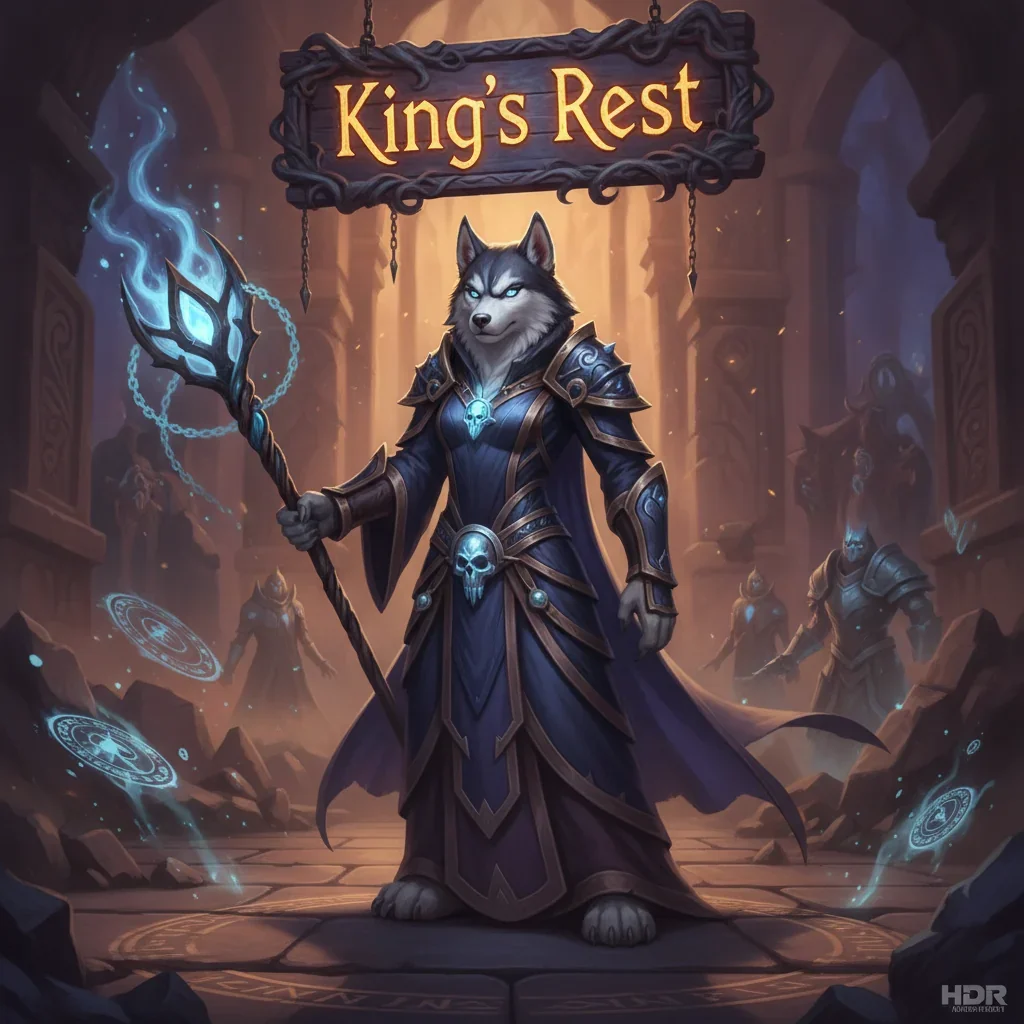 Fantasy artwork featuring an anthropomorphic husky character in fantasy attire, inspired by World of Warcraft's King's Rest dungeon content and objectives.