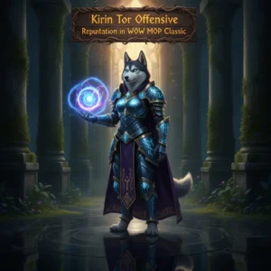 Fantasy artwork of an anthropomorphic husky mage in robes, inspired by Kirin Tor reputation gains in WoW MoP Classic.
