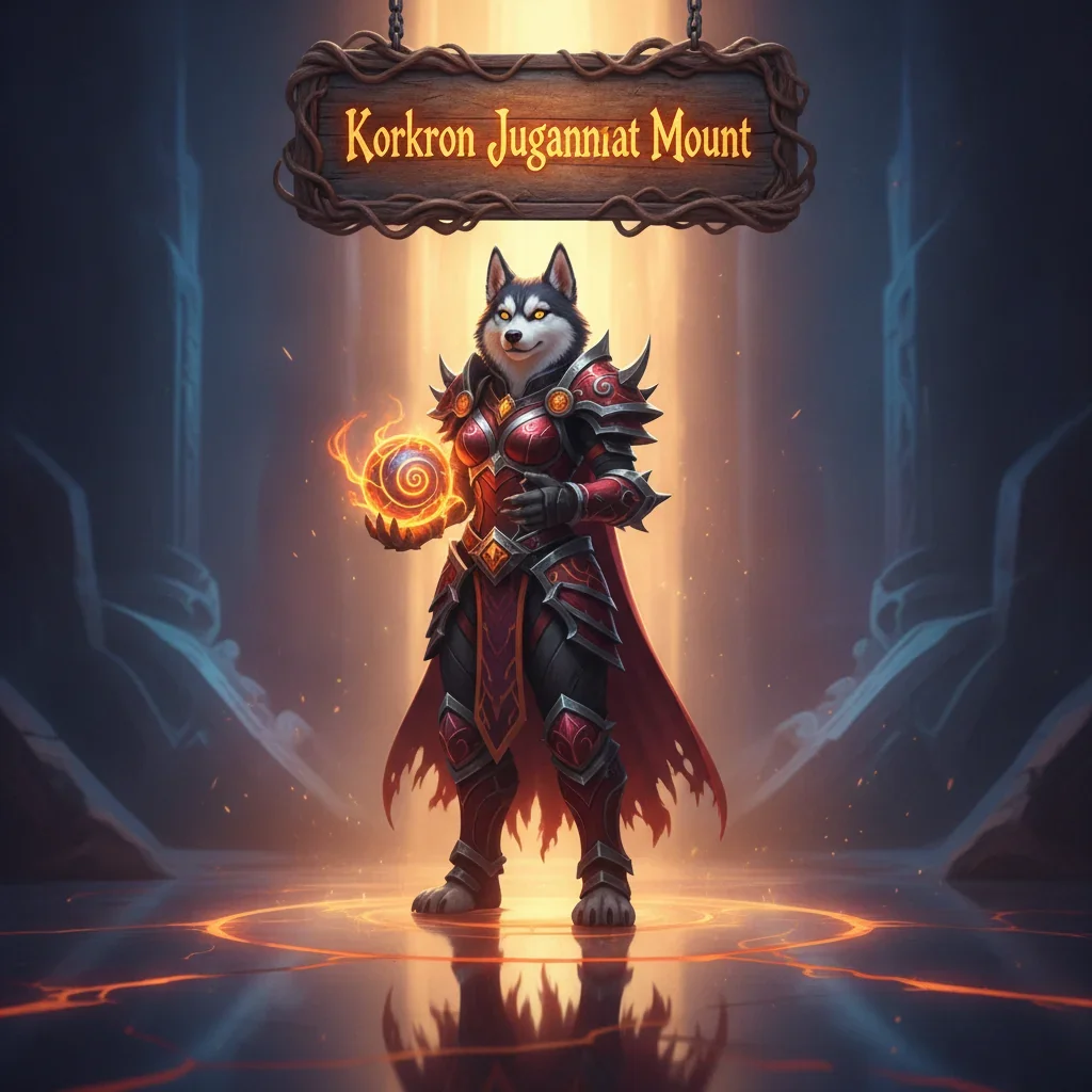 An anthropomorphic husky character, clad in detailed fantasy armor, featured in artwork related to the Korkron Juggernaut mount. The fantasy environment suggests epic adventures and challenging content in a WoW Midnight-inspired setting.