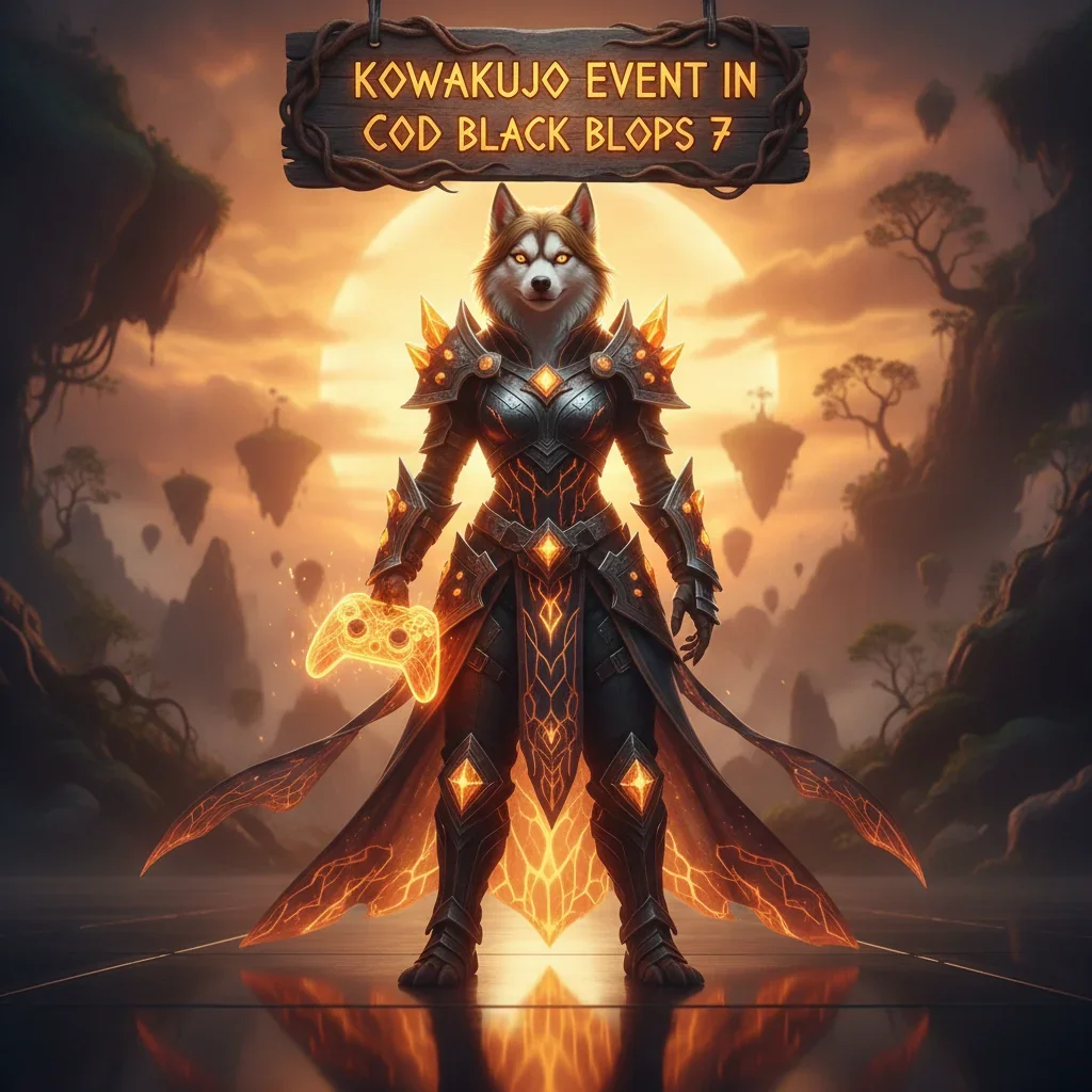 Fantasy artwork representing the Kowakujo Event in CoD Black Ops 7, featuring an anthropomorphic Husky character in themed attire within a mythical environment.