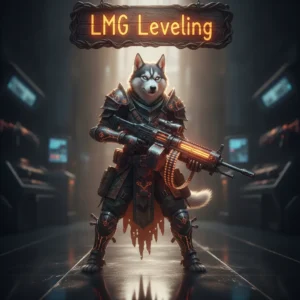 Anthropomorphic husky character in fantasy armor, standing in a mystical game environment, themed around LMG weapon leveling content and equipment progression objectives.