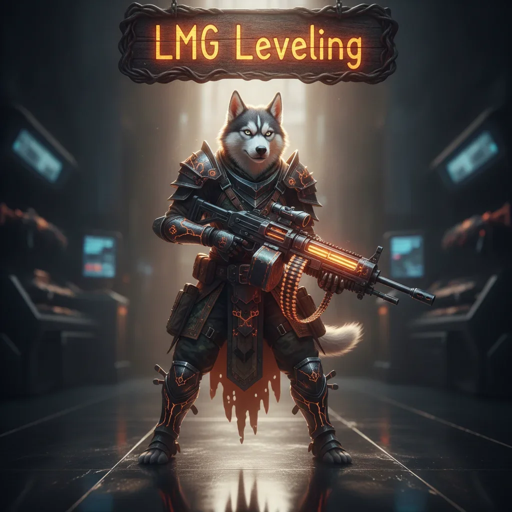 Anthropomorphic husky character in fantasy armor, standing in a mystical game environment, themed around LMG weapon leveling content and equipment progression objectives.