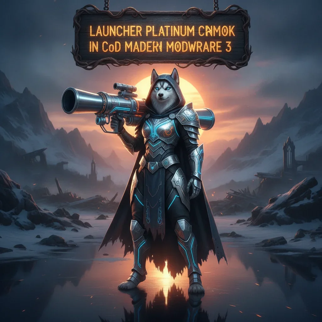 An anthropomorphic husky character in detailed fantasy attire, standing in a game-inspired environment, representing weapon cosmetic unlocks and progression content for Platinum Launcher camouflages.