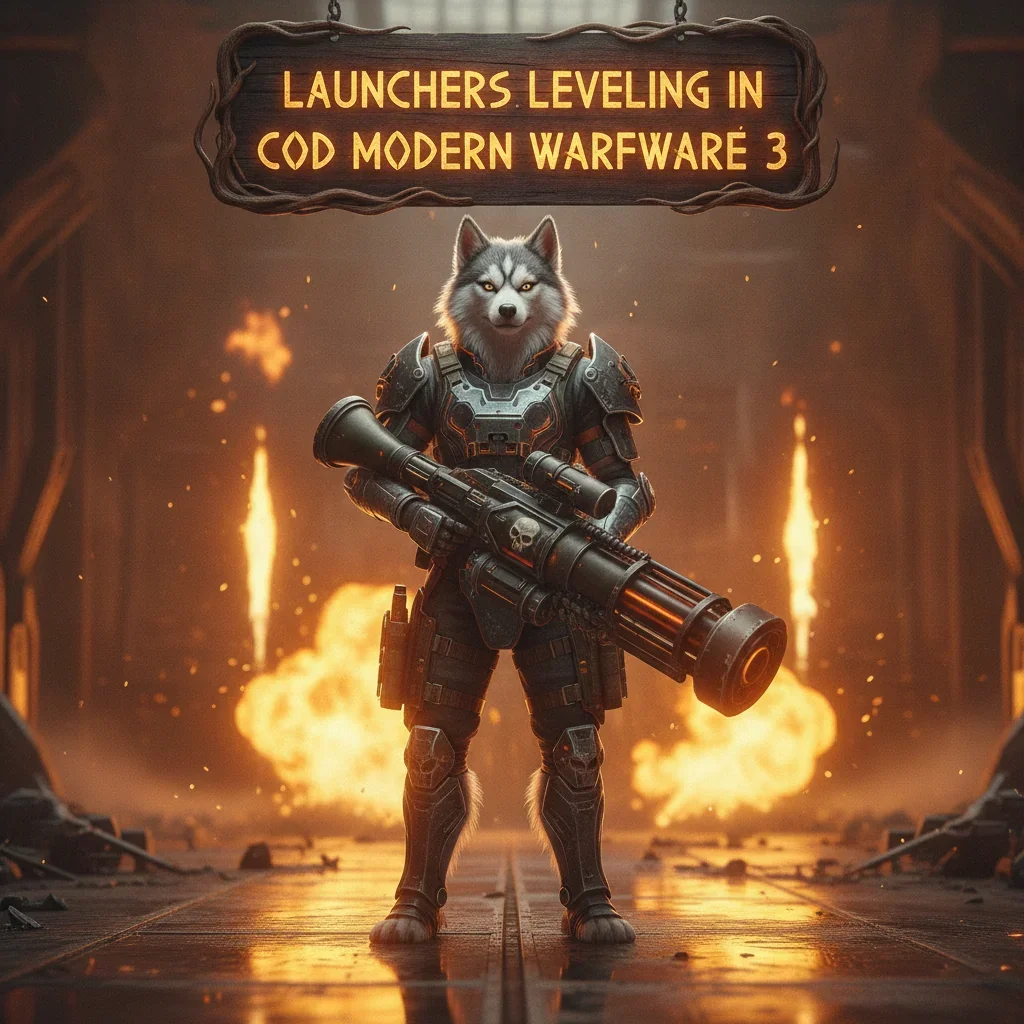 Anthropomorphic Husky character in fantasy armor, standing in a mystical game environment. Artwork related to Modern Warfare 3 launcher weapon leveling content.